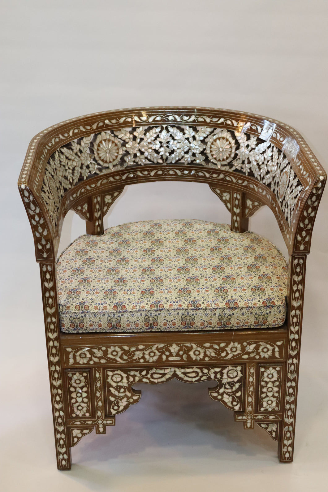 Walnut wood chair mother-of-pearl inlay with silk cushion