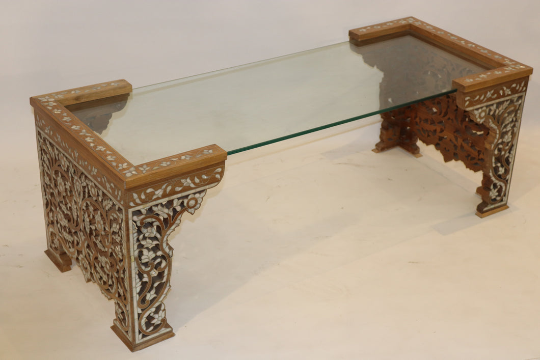 Walnut wood coffee table mother-of-pearl inlay with glass