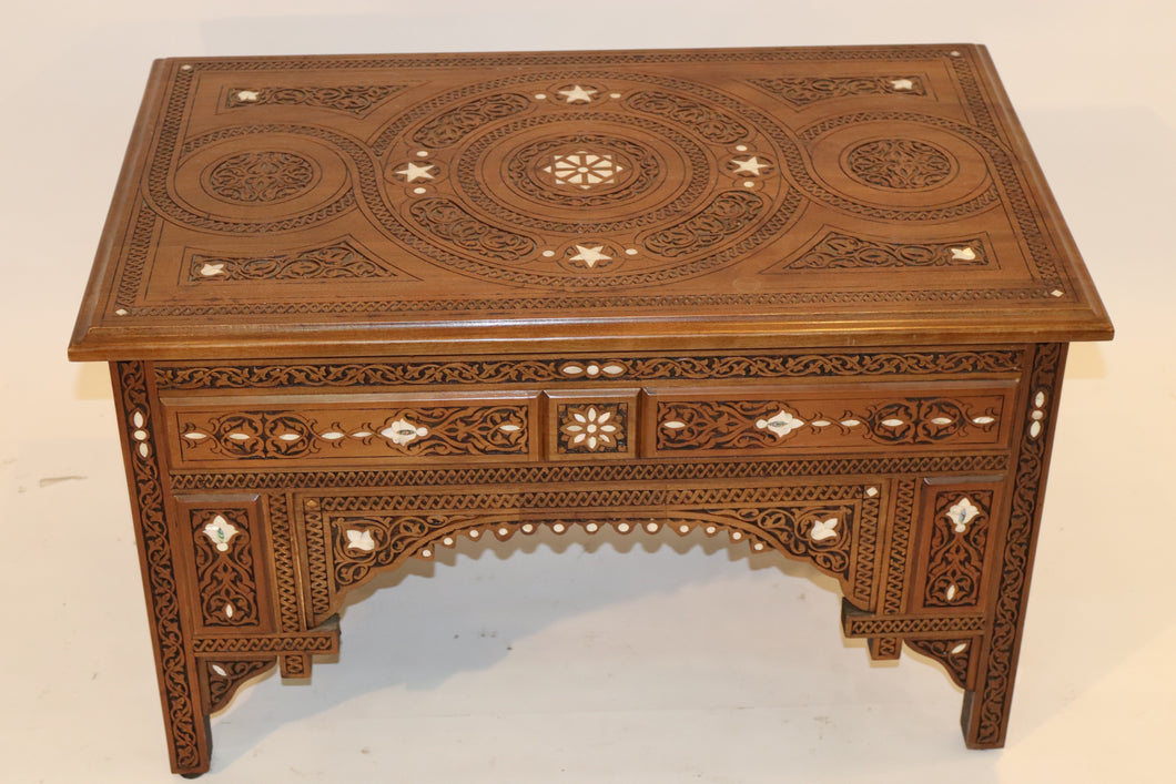 Walnut wood coffee table wood carving mother of pearl inlay